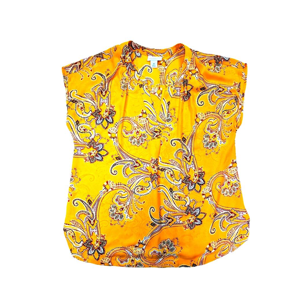 Paisley Mustard Yellow Sheer Blouse Women Medium Boho Spring V Neck Coastal Chic